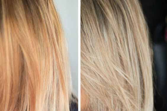 Cheveux blonds lisses avant et après la patine