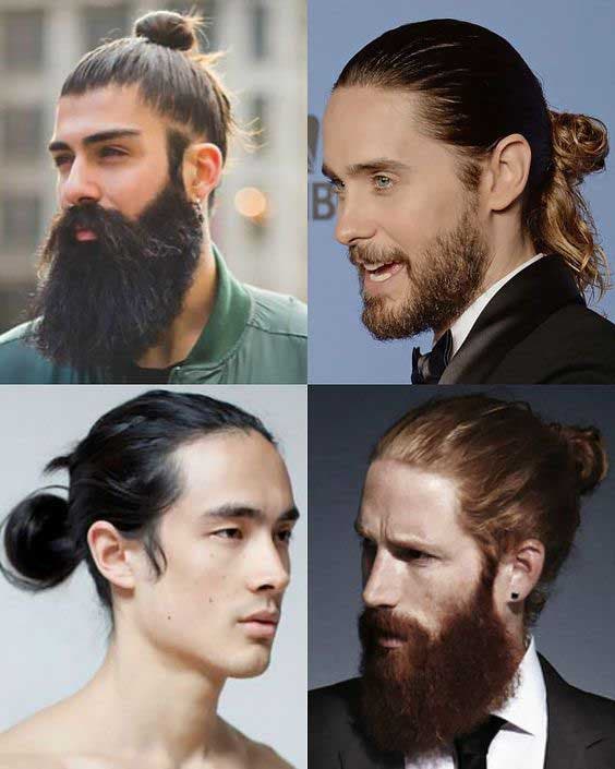 Cheveux d’hommes coiffés en différente top knot