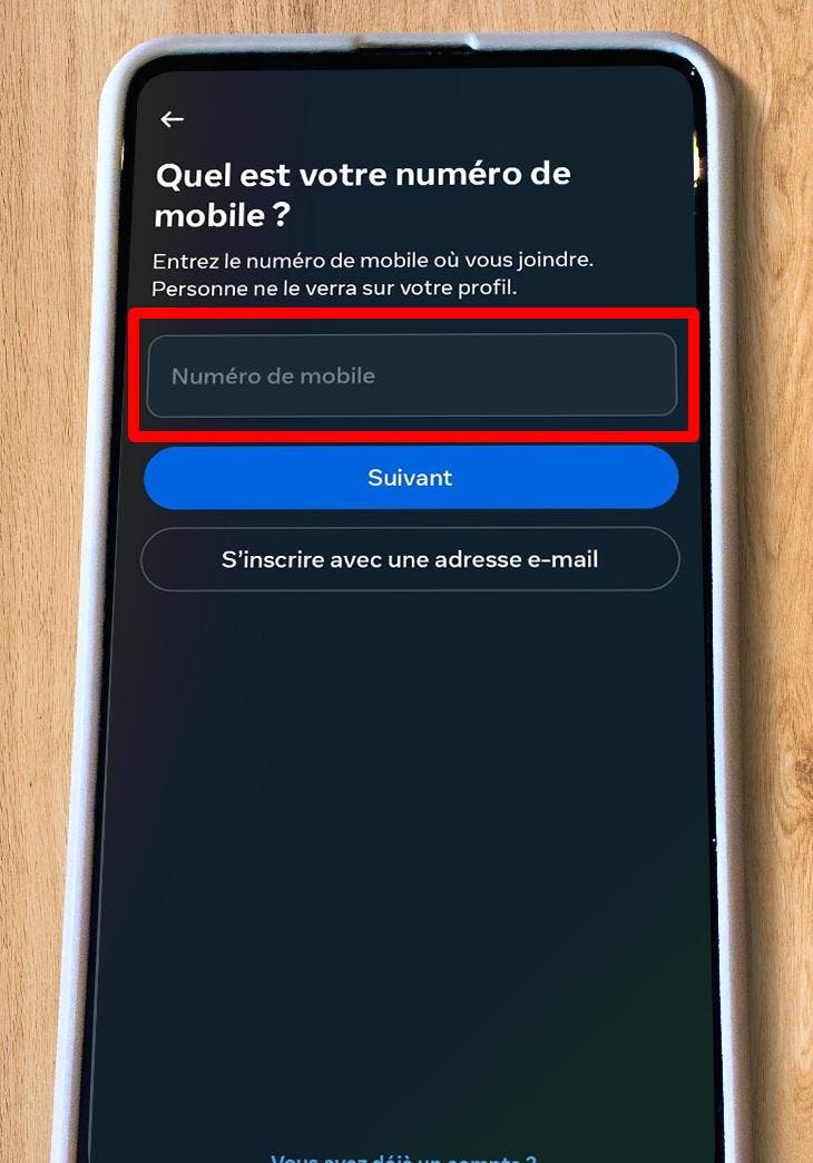 Page d’enregistrement du numéro de téléphone