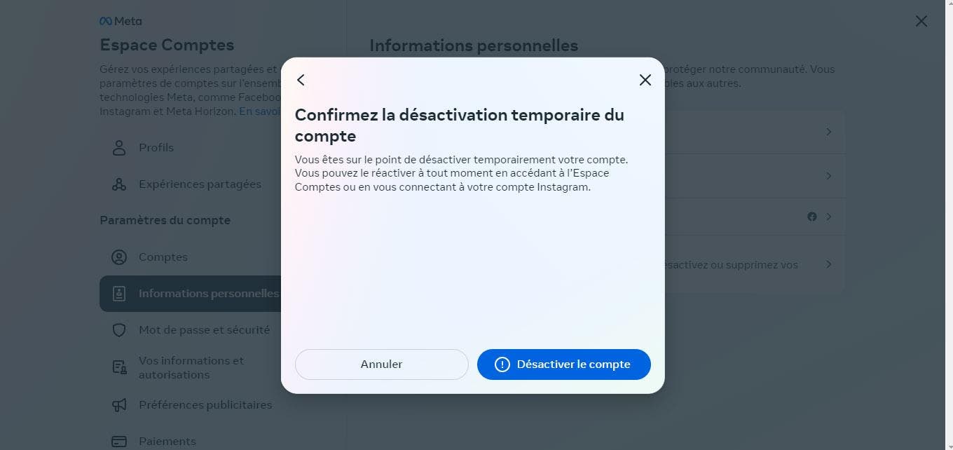 Confirmation de la désactivation ou de la suppression du compte Instagram