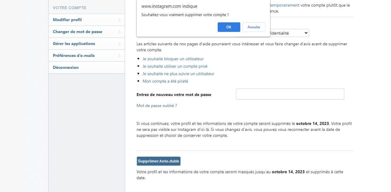 Confirmation de suppression ou désactivation du compte Instagram