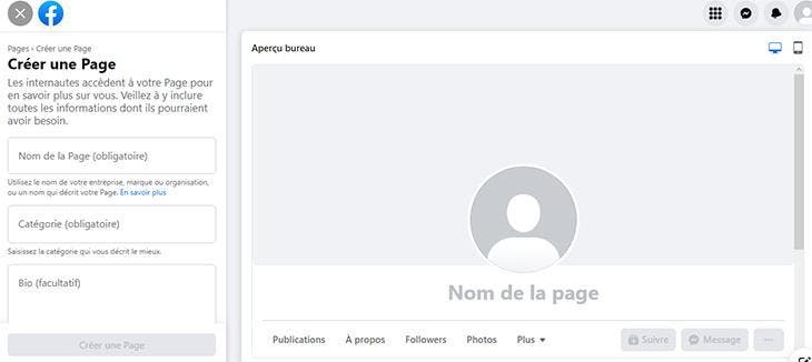 Créer une page facebook