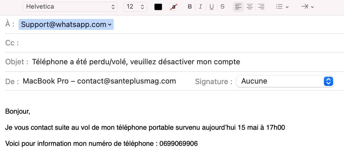 Envoyer un email à whatsapp pour déclarer la perte ou le vol du téléphone