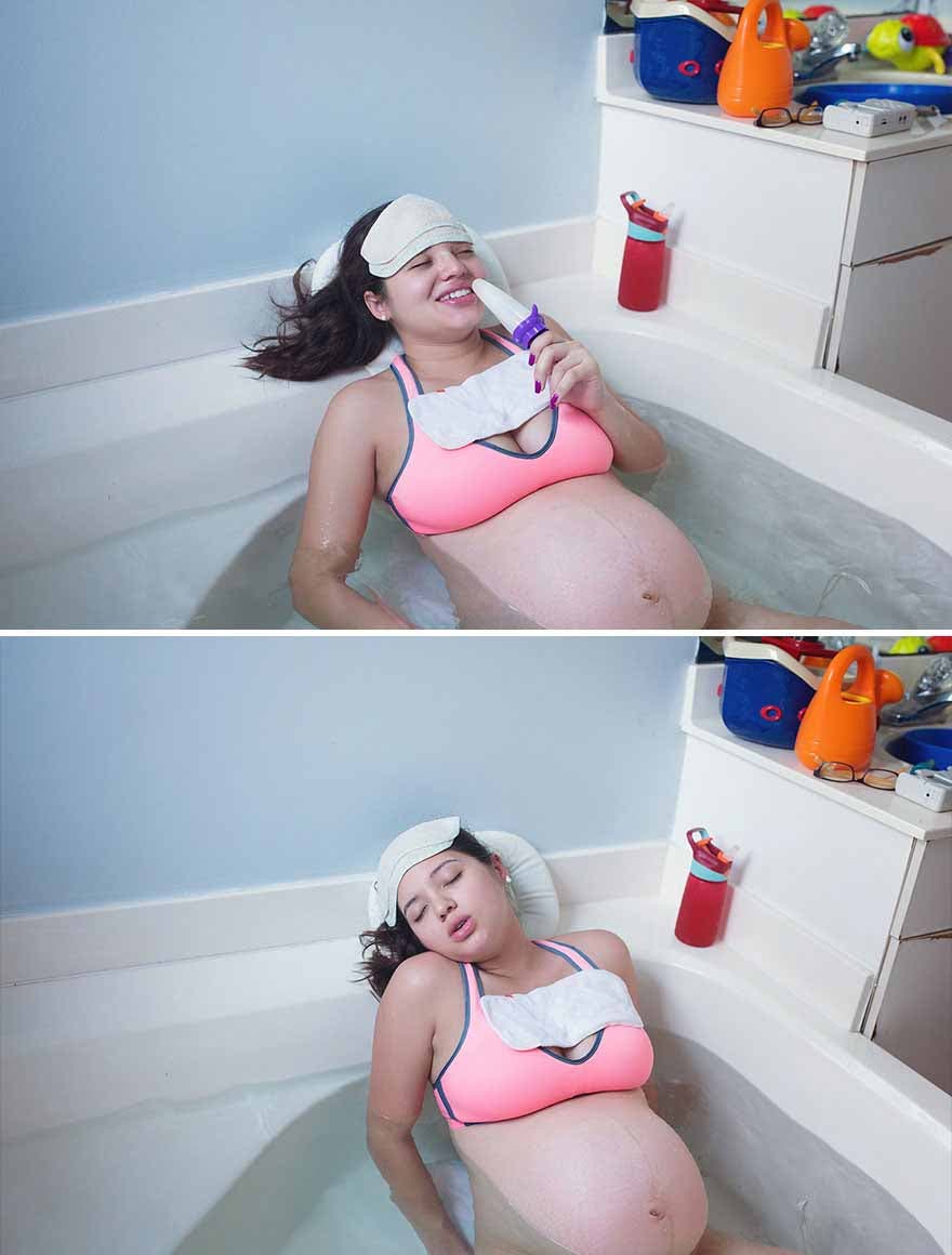 La maman qui a des contractions lors d’un accouchement dans l’eau