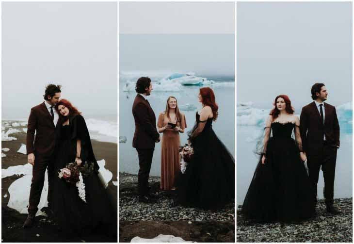 La mariée avec son mari portant une robe noire