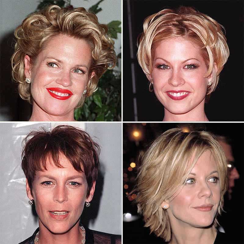 Melanie Griffith, Jenna Elfman, Jamie Lee Curtis et Meg Ryan avec des coupes courtes dans les années 90