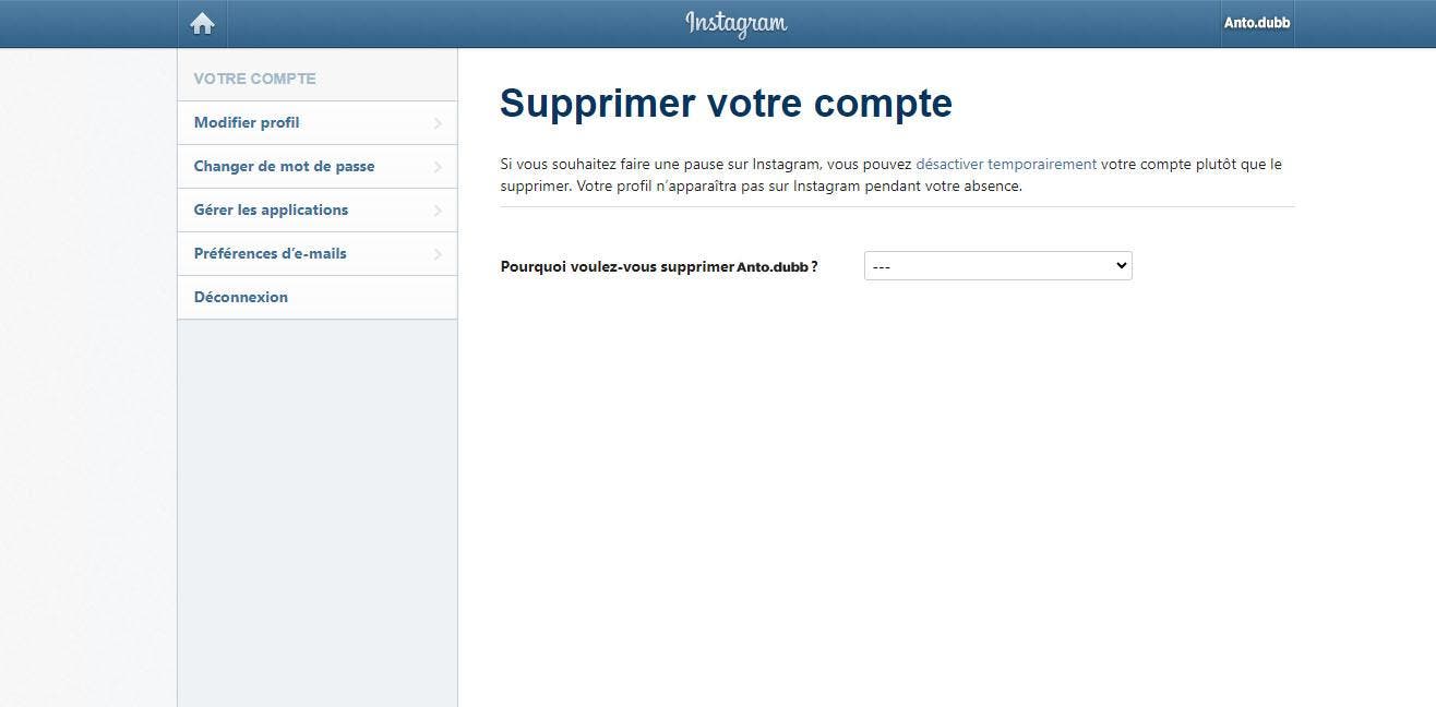 Page princpale pour supprimer le compte instagram