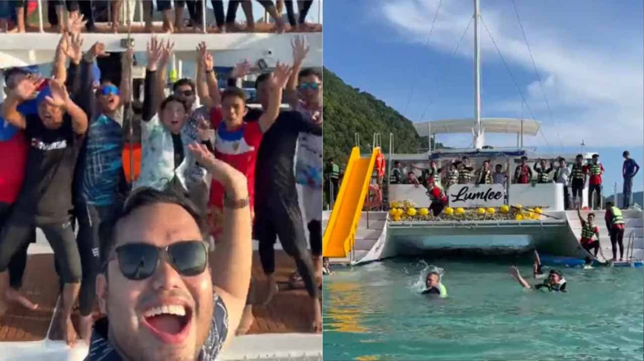 Photos de tous les salariés en train de profiter de leurs vacances sur un bateau