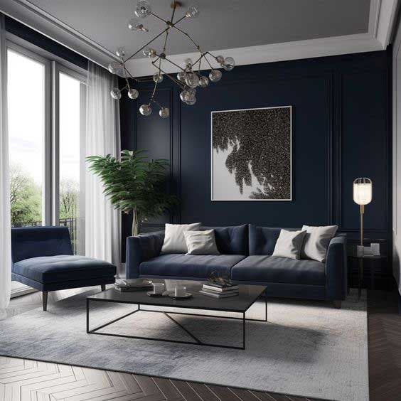 Salon peint en bleu marine sombre