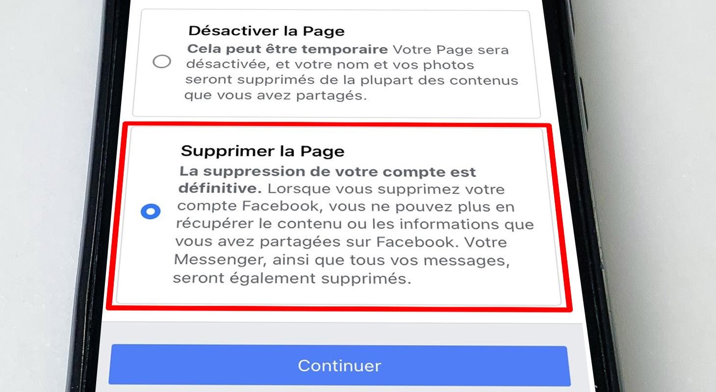 Supprimer une page facebook