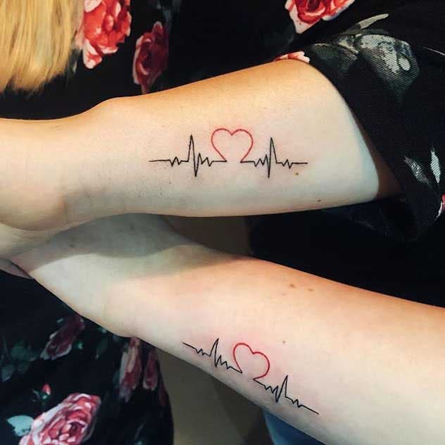 Tatouage de pulsations cardiaques avec un coeur rouge pour symboliser l'amour pour sa famille