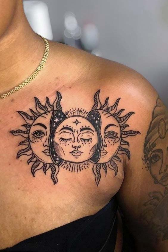 Tatouages soleil visage superposés