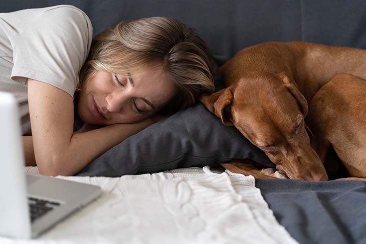 Chien dort près de sa propriétaire - source : spm