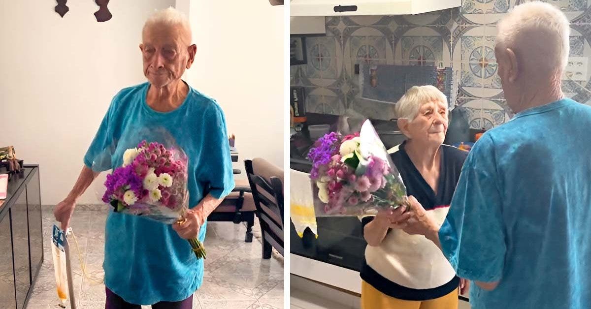 Émotion Virale : Un Grand-Père de 96 Ans Surprend sa Femme avec des Fleurs