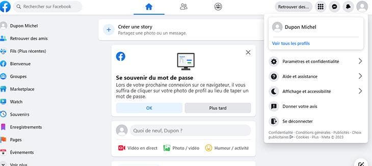 Page d’accueil d’un nouveau compte facebook