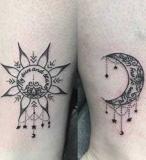 Le soleil et la lune dessinés en style mandala