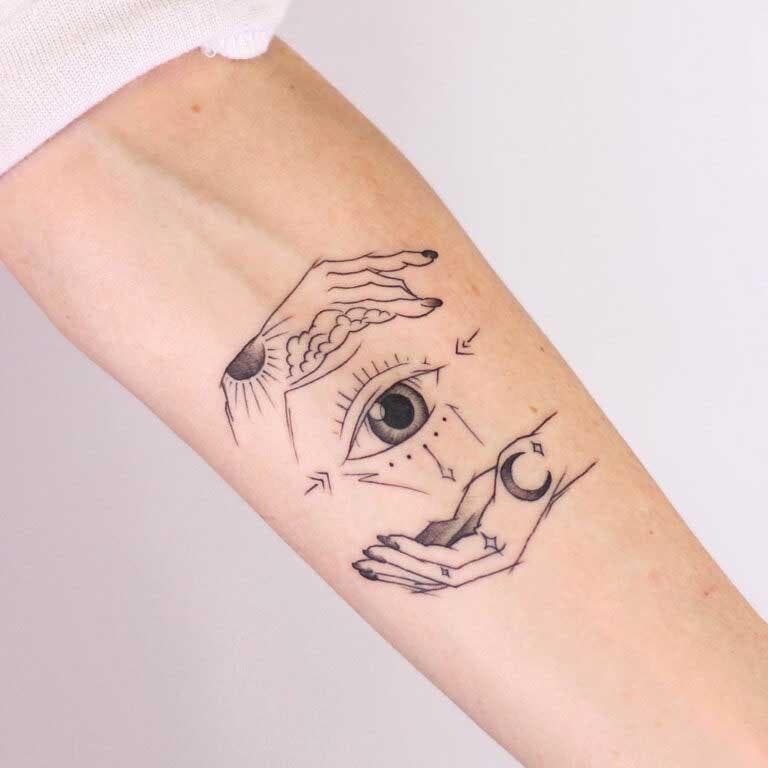 Tatouage minimaliste d’un oeil dans la paume des mains 